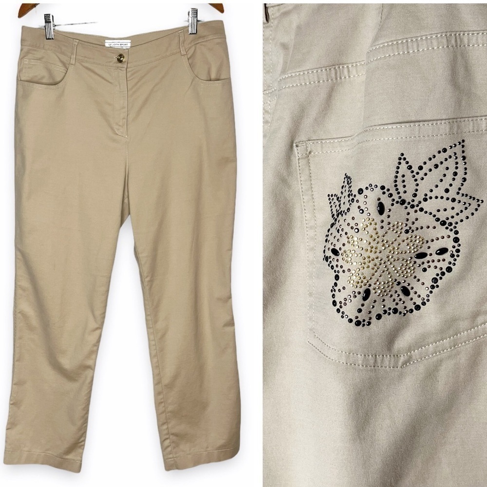 St. John Sport Rhinestone Embellished Khaki Pants Sz 12